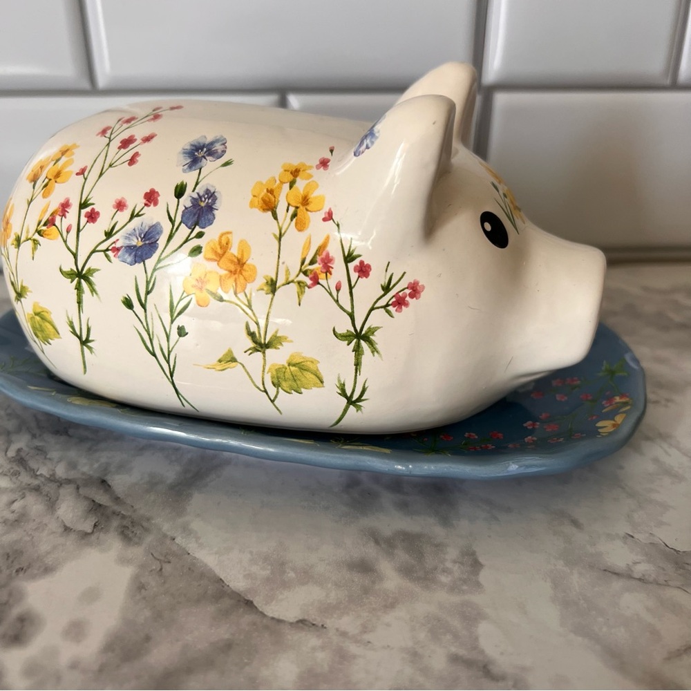 Vintage Floral Pig Butter Dish - White, Blue, Yellow, Pink